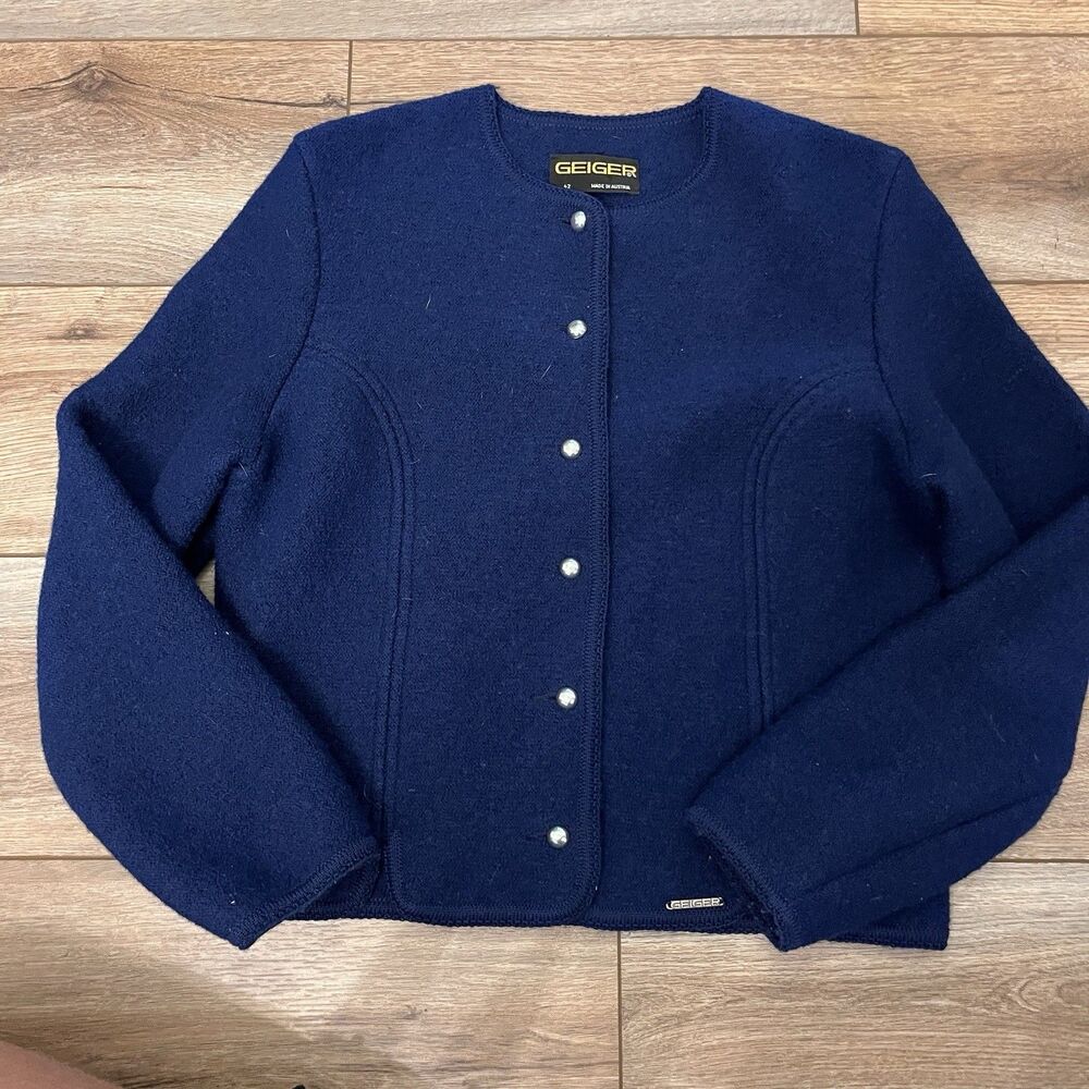 Vintage Geiger Navy Blue Boiled Wool Cardigan Women's Size 42 Button Up Austria